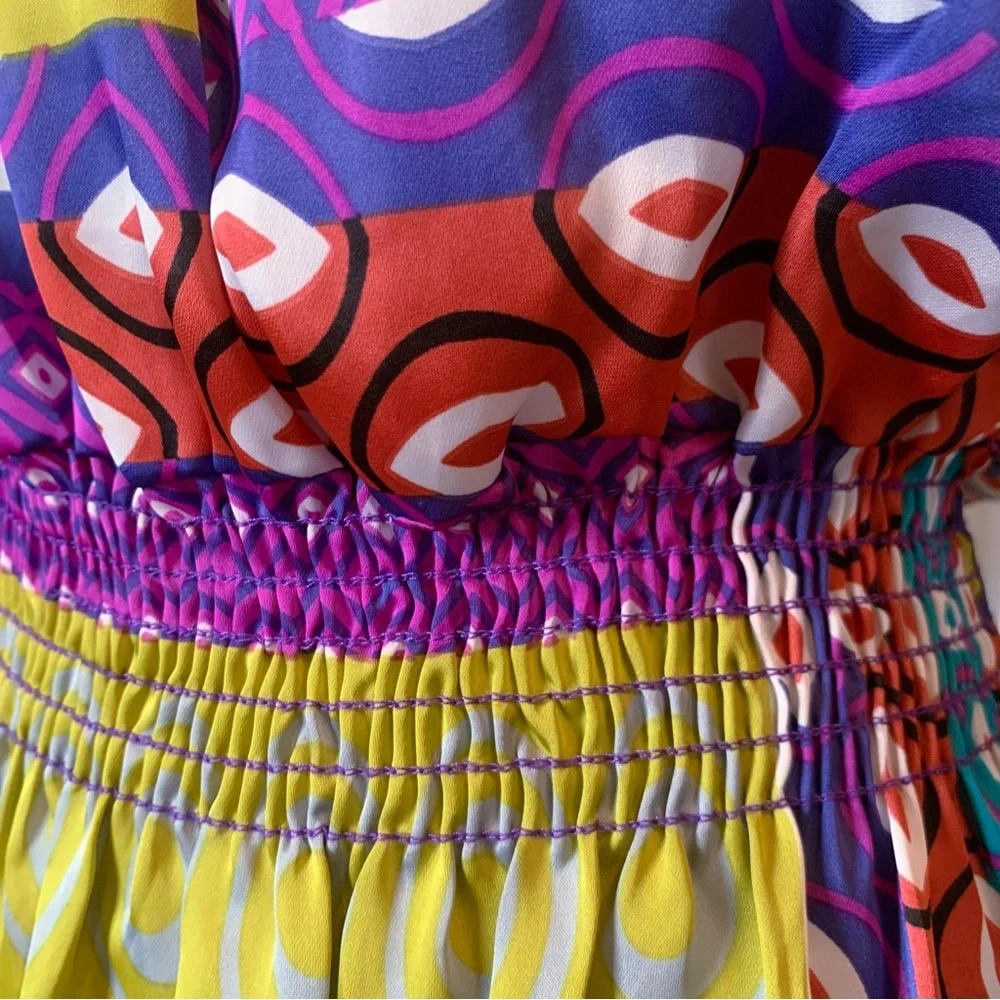 3 for 30 💥 Ventti VTG Satin Strapless Colorful Mini Dress Circus Print Purple - Picture 8 of 16